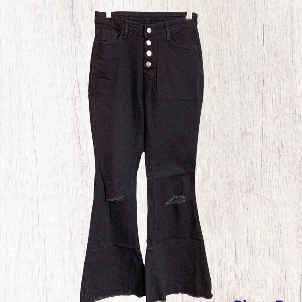 High Waist Button Fly Ripped Raw Hem Flare Leg Jeans Black- M